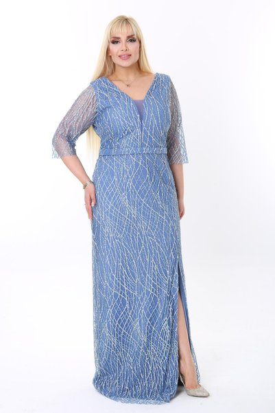 Ladies First Büyük Beden 3767 Indigo Uzun Abiye Elbise