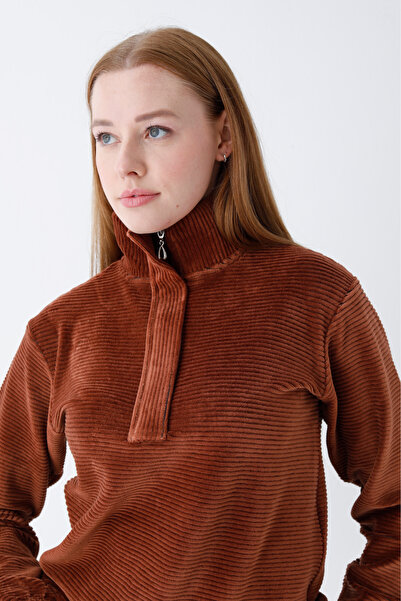 İntensive καφέ μακρυμάνικη τσέπη με γιακά με φερμουάρ βαμβακερή βελούδινη λίκρα στο κάτω μέρος