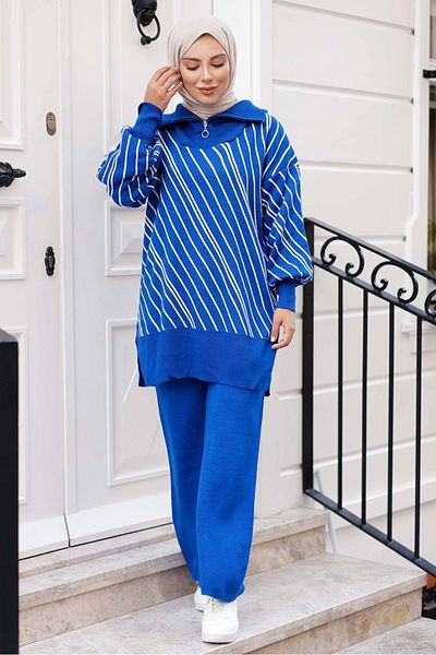 Bestenur Saks Blue Jasmine Σετ πλεκτό τουνίκ και παντελόνι 1263