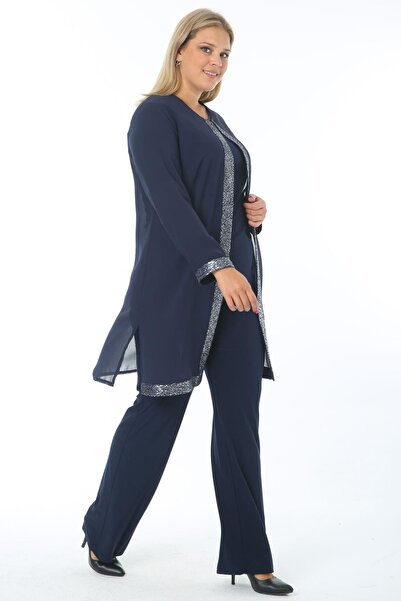 Ladies First Büyük Beden 3552 Lacivert Ceket+Bluz+Pantolon Üçlü Takım