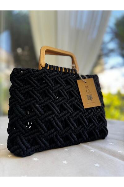 alacatı art macrame Ahşap Saplı Siyah Makrome Çanta