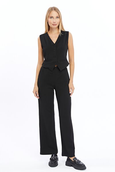 Bella Dossi DÜZ SİYAH YELEKLİ PANTOLONLU İKİLİ TAKIM