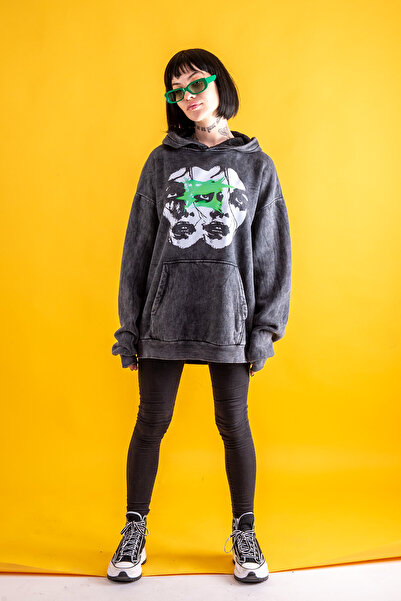 Bak Moda Hanorac unisex oversize afumat cu imprimeu Washed Woman Shadows