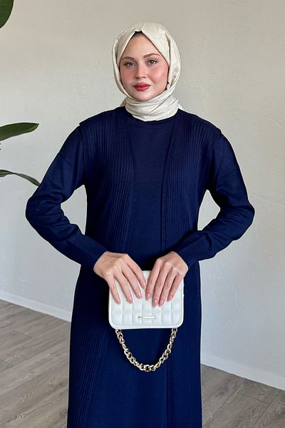 InStyle Navy Blue Knitwear Set with Brooch Detail Vest