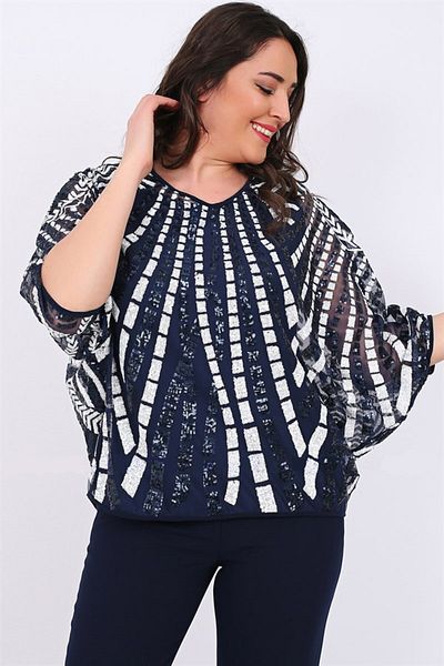 Ladies First Plus Size 2779 Navy Blue Blouse Bady Double Suit