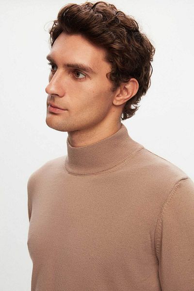 D'S Damat Beigefarbener Strickpullover aus Baumwollmischung im Halbfischerstil, reguläre Passform
