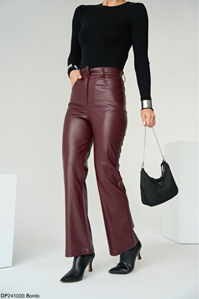 Lupies Kadın Bordo Boru Paça Deri Pantolon