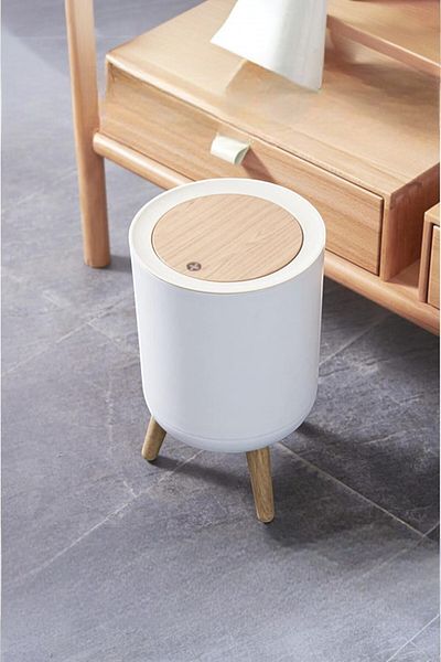 Şahane Pazar Click Lid Wooden Patterned Non-Slip Base Large Size Trash Can Shn-1197 Fma 010015
