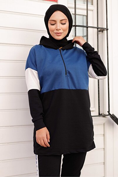 Bestenur Saks Blue Double Color Hooded Zippered Tunic and Trousers Set of Two - 132