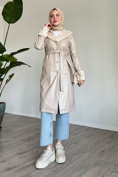 InStyle Trenci din piele bej cu detaliu din blană
