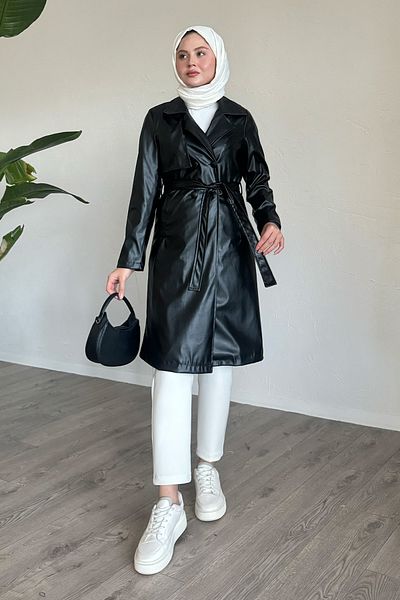 InStyle Trenci din piele neagră - cu centură și potrivire subțire