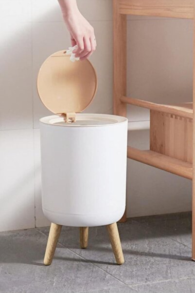 Şahane Pazar Click Lid Wooden Patterned Non-Slip Base Large Size Trash Can Shn-1197 Fma 010015