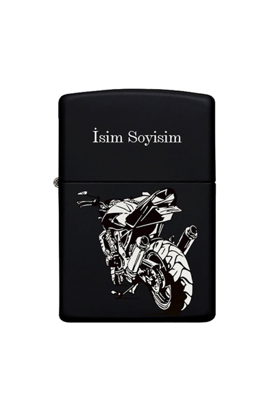 Melek Pazarı Motor Desenli Kişiye Özel İsimli Zippo Çakmak Benzinli Siyah Metal  Çakmak