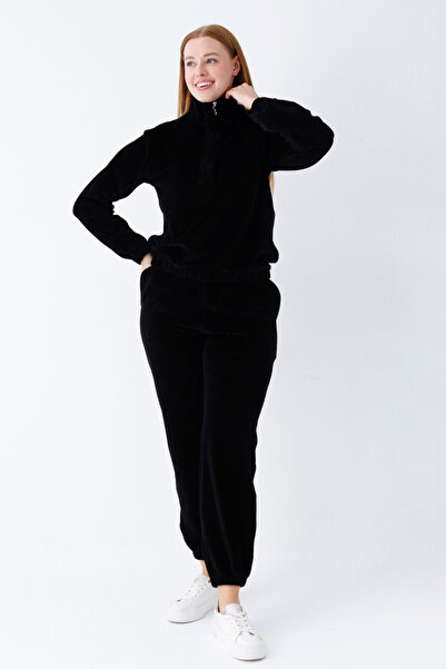 İntensive μαύρη μακρυμάνικη τσέπη με γιακά με φερμουάρ βαμβακερή βελούδινη λύκρα γυναικεία φόρμα φόρμας