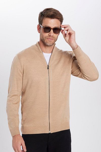 Tudors Pánsky Slim Fit Slim Fit Béžový stojačik s golierom na zips, pevný kardigán