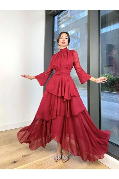 Afiş Butik Czerwona spódnica z szyfonu, warstwowa, tiulowe rękawy, sukienka plisowana