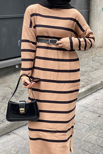 lamelif Brown Knitwear Dress - Stripe Detail