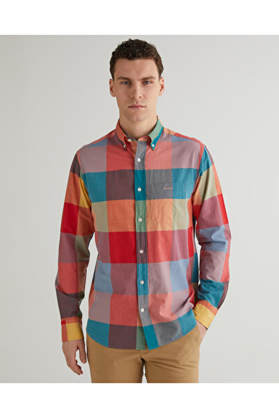 Gant Erkek Turuncu Regular Fit Düğmeli Yaka Kareli Gömlek