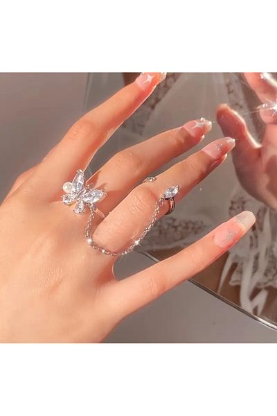 stainless steell Elegant Shimmering Stone Adjustable Chain Butterfly Ring