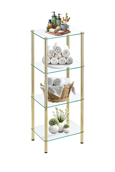 Nurline 4 Katlı Gold Metal Ayaklı Cam Raf ,Camlı Raf Standı Banyo, Yatak Odası, Ev Ofisi İçin, Temperli Cam,