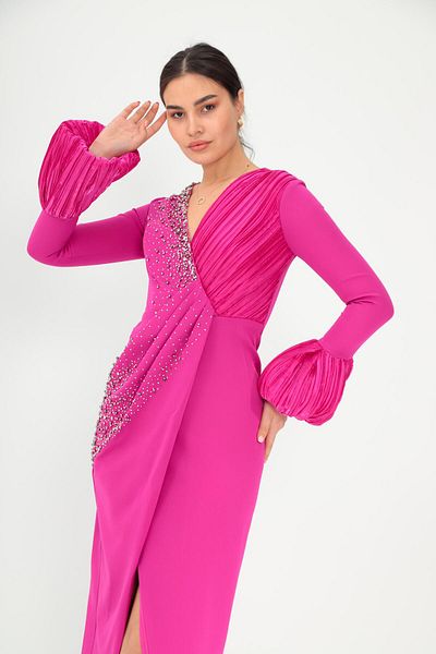 Aperla Double Breasted Neckline Balloon Sleeve Pleat and Stone Detailed Slit Evening Dress