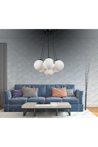 OSC HOME AYDINLATMA TASARIM Sports Chandelier 7 Pieces Black Globe White Glass 7 Pieces Sports Chandelier 1 Piece