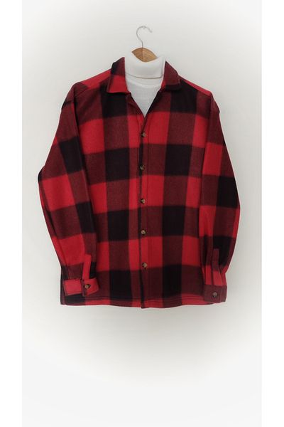 A&O Style Men's Red Oversize Shirt Collar Checked Thick Winter Long-Sleeved Fleece Shirt