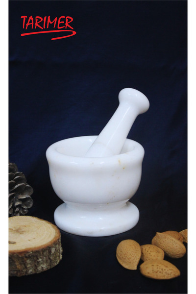 TARIMER Mermer Havan & Sarımsak Döveceği & Afyon Beyazı Mermerden Küçük Boy Havan 8cm Yükseklik; 10cm Çap