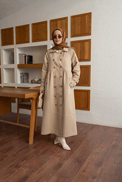 Neways 6632-Reglan Kollu Süs Pileli Lens Ceket Bej