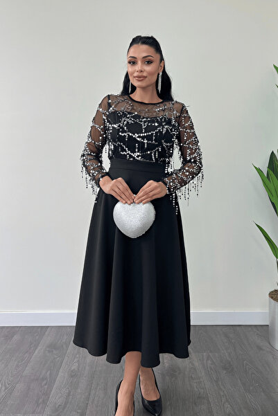 giyimmasalı Üst Saçaklı Payet Alt Double Kumaş Midiboy Elbise - Gümüş