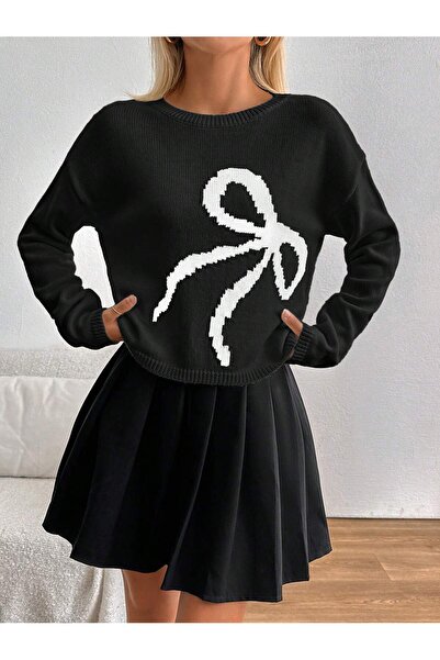 Puella Black and White Bisklet Collar Sweater with Bow Detail