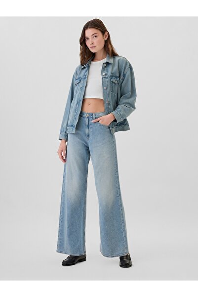 GAP Kadın Açık Mavi High Rise Parlak Studded Wide-Leg Jean Pantolon