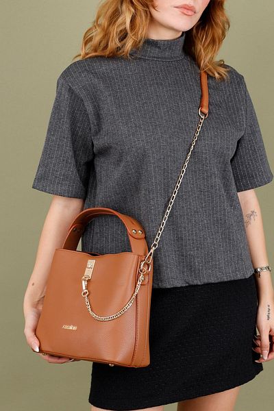 Getcho Armine 222 Tan Pia Bernelle Chain Detailed Hand and Shoulder Portable Bag Modern Style Large Volume