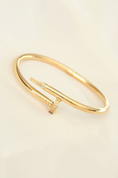 Generic Brand 316L Steel Gold Color Stoned Nail Model Handcuff Bracelet