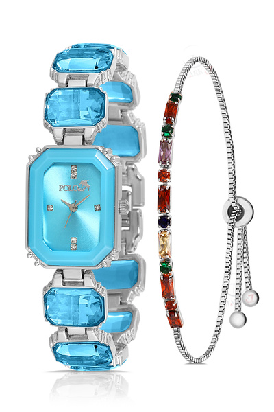 Polo Air Lüx Taşlı Kadın Kol Saati Asansörlü Renkli Bileklik Kombin Mavi Gümü...
