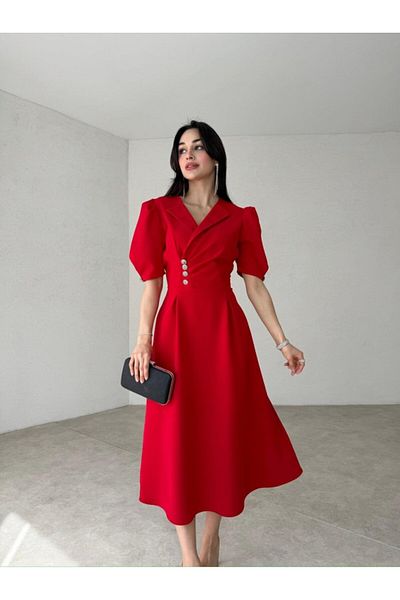 Afiş Butik Red Double-breasted Midi Dress with Stone Detail and Drap