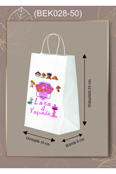 AMBALAJDÜNYAM 50 Adet Kişiye Özel İsim Baskılı Paw Patrol Figürlü Kız Poşeti / Çanta (18*8*24 )