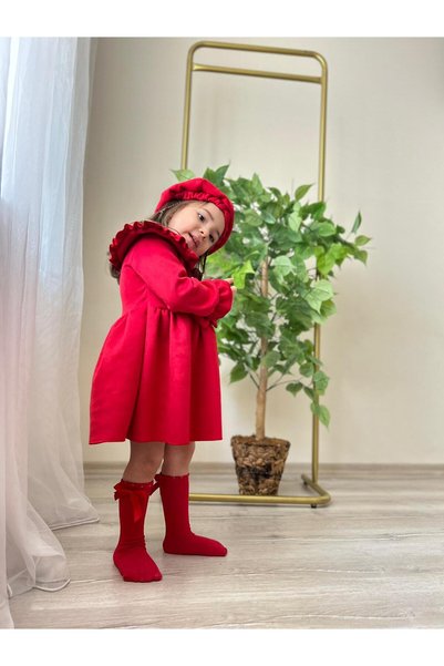 Beyaz Gül Butik Red Children's Dress Including Hat and Socks