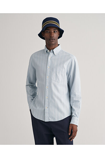 Gant Erkek Mavi Regular Fit Düğmeli Yaka Çizgili Oxford Gömlek