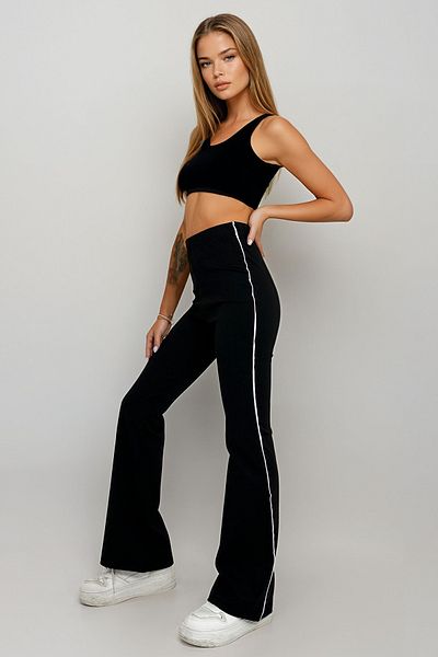 VAGGON Pantaloni de scuba de damă negri cu talie înaltă cu cusături laterale Prm0664