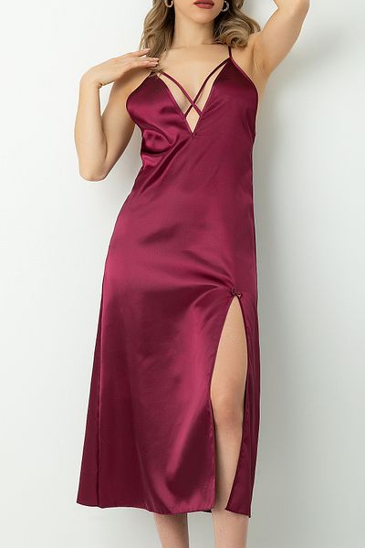 Doremi Back Lace Detailed Slit Satin Nightgown