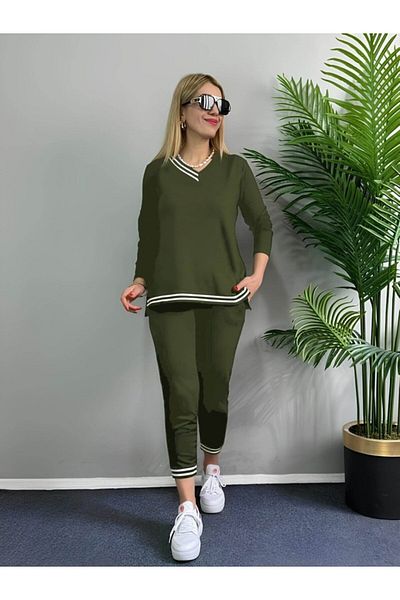 modaserdem Women's Long Sleeve Rib Detail Viscose Two Thread Double Suit