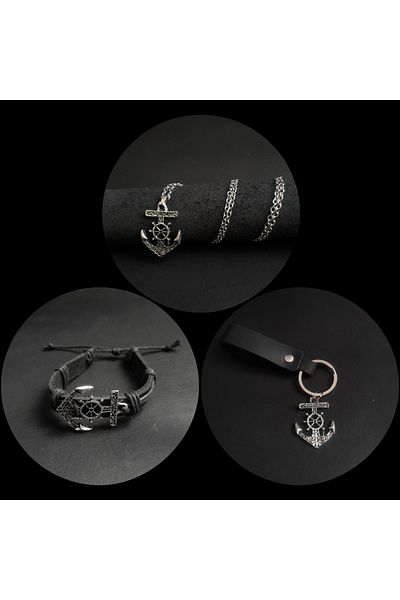 BSN Store Set of 3 Genuine Leather Bracelet, Keychain and Necklace with Scandinavian Sailor Anchor Figure