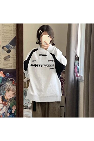 Touz Moda Y2K Streetwear Smarttooth Printed White Unisex Oversize Crew Neck Sweatshirt