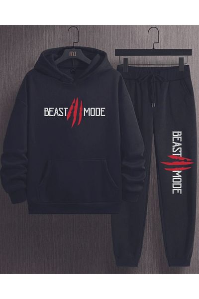 Hunors Sportswear & Company Black Men's Oversize Basic Hooded Bottom Elastic Beast Fashion Printed Cotton Tracksuit Set