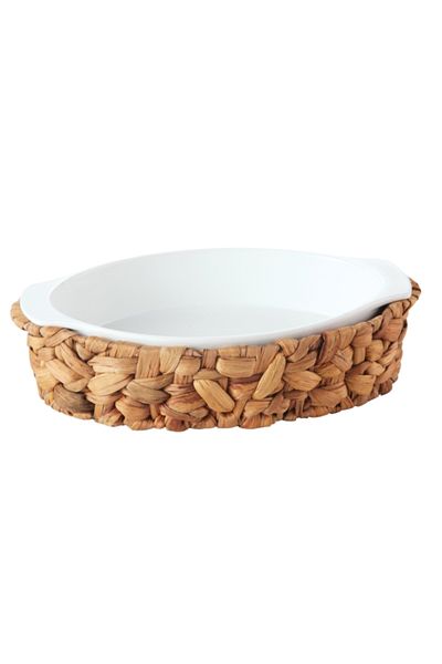 Bien Servi Ceramic Oval Serving Dish with Rattan Basket HM0607-PL