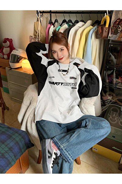 Touz Moda Y2K Streetwear Smarttooth Printed White Unisex Oversize Crew Neck Sweatshirt