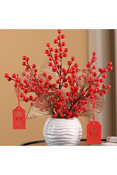 Nettenevime Yapay Çiçek Kokina Uzun Dal 63cm Yılbaşı Çiçeği Red Berry