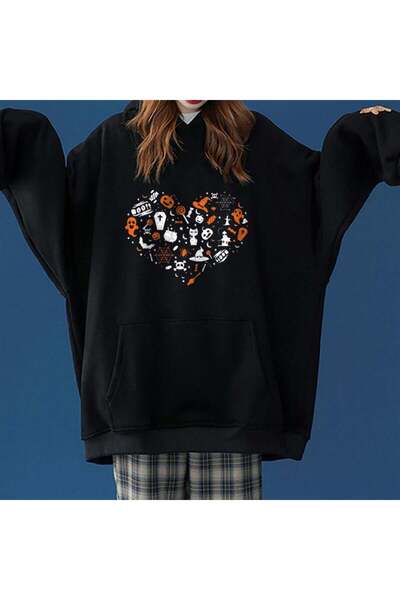 Toum سترة دومبوليري العصرية للهالوين مطبوعة على شكل قلب باللون الأسود للجنسين مقاس كبير بغطاء للرأس