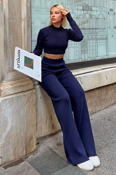 Swist Sötétkék Knit Crop pulóver és nadrág - Half Fisherman kötöttáru szett